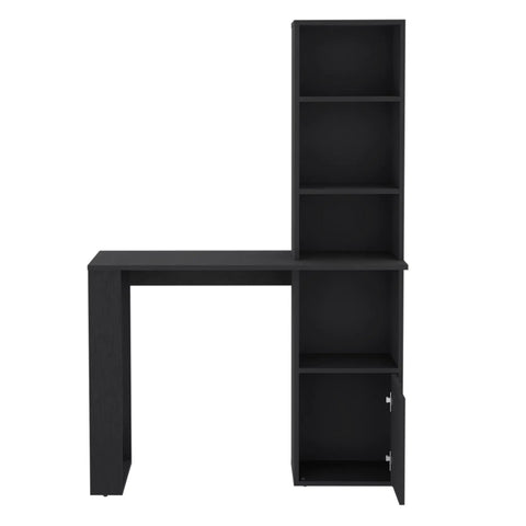 Adjustable Gaming Standing Computer Desk With Toolless Interlocking Setup Sturdy Small Home Office Table, black finish with shelves.