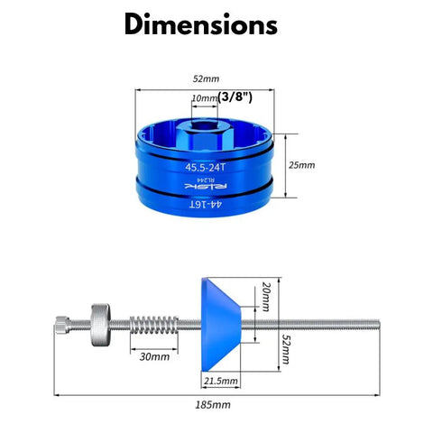 Dimensions of 16-Notch 44mm And 12 24-Notch 46mm External Bottom Bracket Removal Tool, showing size and components in blue and silver.