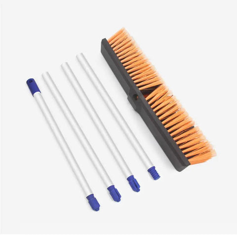 Heavy Duty 18 Inch Push Broom Long Handle Dual Bristle Gear For Concrete Garage Warehouse And Driveway Cleanup Shop Floor Workhorse Weekend Warrior Grime Getter Rig with bristles and adjustable rods.