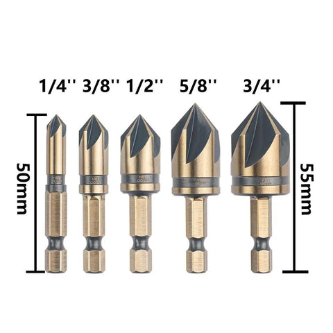 Workhorse Pro Grade Cobalt Countersink Drill Bits Set 5 Piece With M35 HSS Co 82 Degree Five Flutes 1/4 Inch Quick Change Hex Shank
