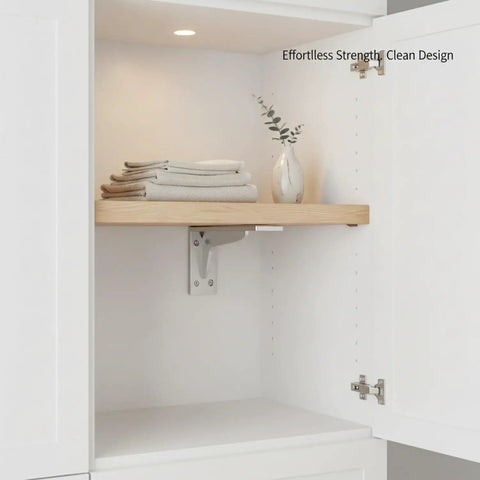 Rugged L Shaped Shelf Bracket Steel Wall Mount for floating shelves, 1 piece supporting a wooden shelf in closet.