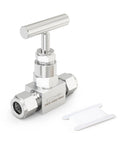Front view of 304 stainless steel high-pressure straight needle valve with T-handle, 3/8 in tube OD x 3/8 in OD.