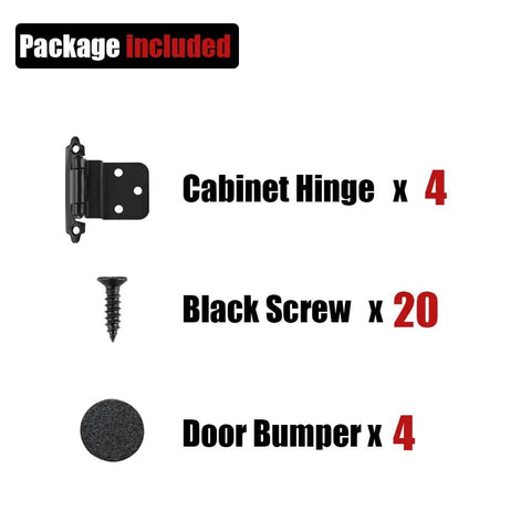 Package contents for Three Eighths Inch Inset Cabinet Door Hinges Matte Black Finish 60 Pack Heavy Duty Self Closing Flush Face Mount