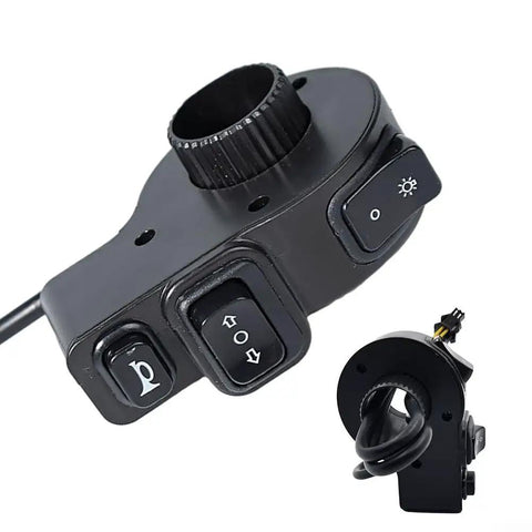 Solid Handlebar Switch 7/8 Inch On Off For E Bike Scooter Atv Motorcycle And Utv With Latching Push Button Support Dc 24 36 And 48 Volt Electrical Systems To Keep Your Ride Rocking Safe And Smooth Without Any Hassle Today., black plastic handlebar switch with horn, light and turn signal buttons