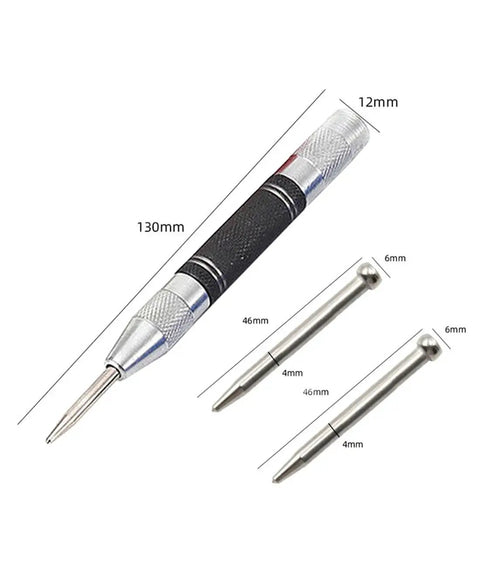 Premium Heavy Duty Automatic Center Punch Set Hella Durable Steel Marking Tools With Adjustable Spring Tension For Fast Layout Drilling Boss Workshop Essentials showing 130mm punch and two tips.