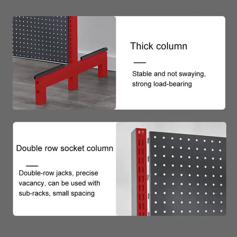 Thick column design and double row socket column of Hardcore Heavy Duty Double Sided Metal Shelving Unit With Adjustable Four Tier Steel Storage Rack.