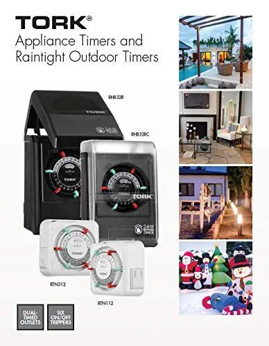 Heavy Duty Plug In Mechanical Timer 15 Amp Dual Receptacle with sturdy black cover, suitable for indoor and outdoor use.
