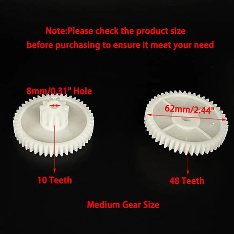 Kids Powered Ride On Car 550 Gear Set Replacement showing 10 teeth and 48 teeth plastic gears on black background