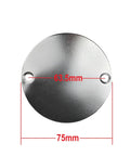 Hardcore Right Side Round Engine Clutch Cover Plate With Screws Fits 110cc 125cc is a silver steel plate, 75mm size, showing measurement details.
