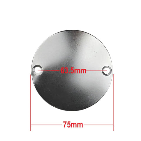 Hardcore Right Side Round Engine Clutch Cover Plate With Screws Fits 110cc 125cc is a silver steel plate, 75mm size, showing measurement details.