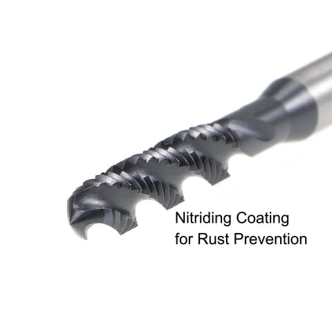 Close-up of M5 x 0.8 Spiral Flute Tap For Metric Threads With HSS Nitriding Coated Finish showing spiral flute and round shank.