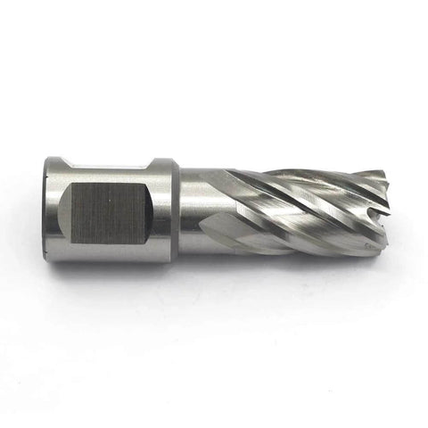 Side view of HSS annular cutter with Weldon shank, 5/8 in cutting diameter, 1 in depth
