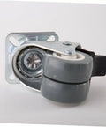 Top Shelf Heavy Duty Two Inch Twin Caster Wheels With Locking Brake And True 360 Swivel Action showing a gray twin wheel with brake.