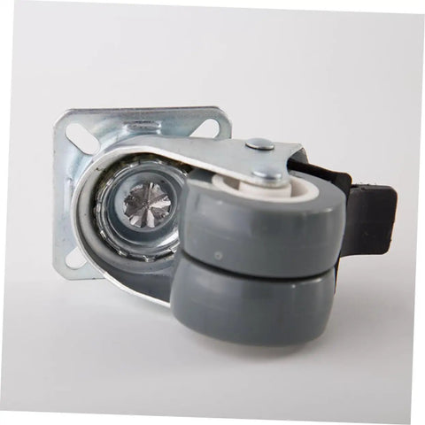Top Shelf Heavy Duty Two Inch Twin Caster Wheels With Locking Brake And True 360 Swivel Action showing a gray twin wheel with brake.