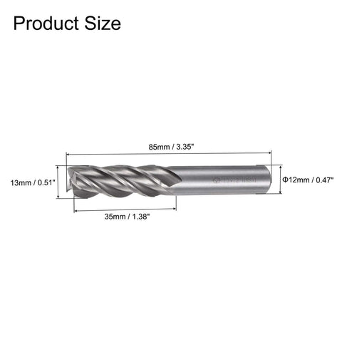 Carbide end mill, 4-flute, 13 mm cutting head with straight 12 mm shank, 85 mm overall length