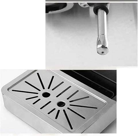 Close-up of Semi Automatic Espresso Machine With Milk Frother For Home Barista Level Brews, 304 stainless brew head and drip tray.