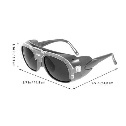 Rock Solid Welding Safety Glasses Featuring Splash Proof Black Gray Lenses For Heavy Duty Job Sites, clear and gray design, side view.