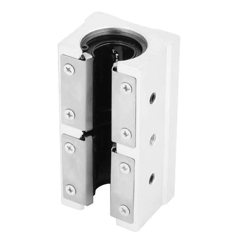 20mm Aluminum Alloy Linear Motion Ball Bearing Slide Bushing With Rock Solid Slide Unit And Dead Smooth Oxidized Rail For Heavy Duty Transmission Systems, side view showing inner components.