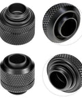 QWORK copper compression fitting, 6-pack for G1/4 water cooling; black knurled metal for 3/8 in ID x 1/2 in OD hoses
QWORK copper compression fitting side view; black knurled metal for G1/4 water cooling, 3/8 in ID x 1/2 in OD hoses
Close-up of QWORK G1/4 compression fitting; black knurled metal with inner bore visible
Installed view of QWORK compression fitting on 3/8 in ID x 1/2 in OD hoses