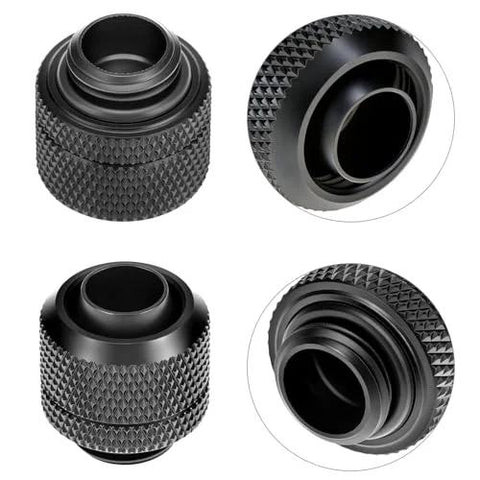 QWORK copper compression fitting, 6-pack for G1/4 water cooling; black knurled metal for 3/8 in ID x 1/2 in OD hoses
QWORK copper compression fitting side view; black knurled metal for G1/4 water cooling, 3/8 in ID x 1/2 in OD hoses
Close-up of QWORK G1/4 compression fitting; black knurled metal with inner bore visible
Installed view of QWORK compression fitting on 3/8 in ID x 1/2 in OD hoses
