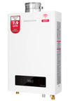 Heavy Duty 180000 BTU Indoor Natural Gas Tankless Water Heater Dishes Out 7.9 GPM Of Instant Hot Water With Sealed Combustion Tech, front view.