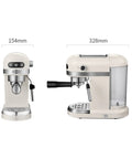 Rock Your Morning With Killer Espresso Shots And Slick Milk Foam For Zero Stress Brewing On A Compact 15 Bar Semi Automatic Coffee Maker For Perfect Cappuccino Latte And Mocha side view with measurements of cream and silver coffee maker.