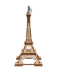 Paris Tower 3D Puzzle Kit No Glue Needed, 50 Wooden Pieces, 7.08 Inch Tall, Brown Finish, Easy Build For DIY Enthusiasts And Collectors, World Cities Collection, Fun Desk Model For Kids And Adults. Eiffel Tower wooden model with French flag