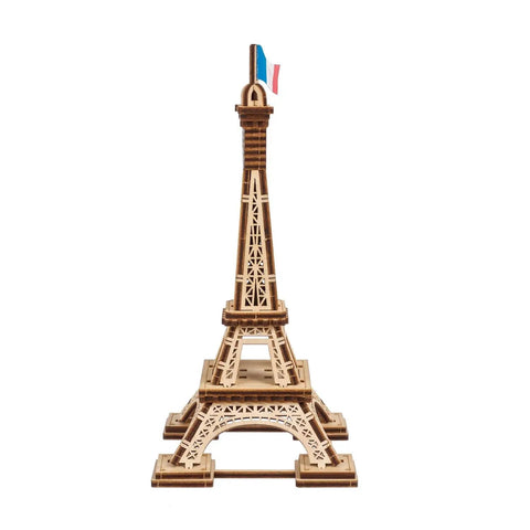 Paris Tower 3D Puzzle Kit No Glue Needed, 50 Wooden Pieces, 7.08 Inch Tall, Brown Finish, Easy Build For DIY Enthusiasts And Collectors, World Cities Collection, Fun Desk Model For Kids And Adults. Eiffel Tower wooden model with French flag