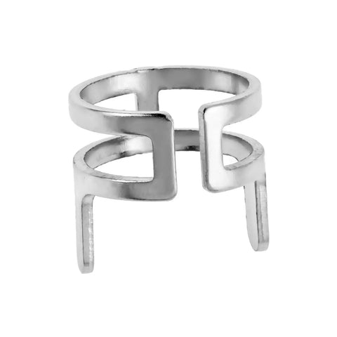 Silver geometric design ring with cutouts, modern style ring made of hypoallergenic metal for everyday wear.
