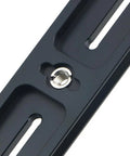 Close-up of Universal 300mm Lengthened Quick Release Plate Slide Rail with D Ring Screw, CNC aluminum, Arca Swiss compatible for tripods.