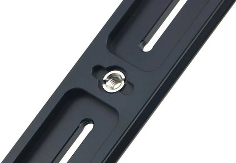 Close-up of Universal 300mm Lengthened Quick Release Plate Slide Rail with D Ring Screw, CNC aluminum, Arca Swiss compatible for tripods.