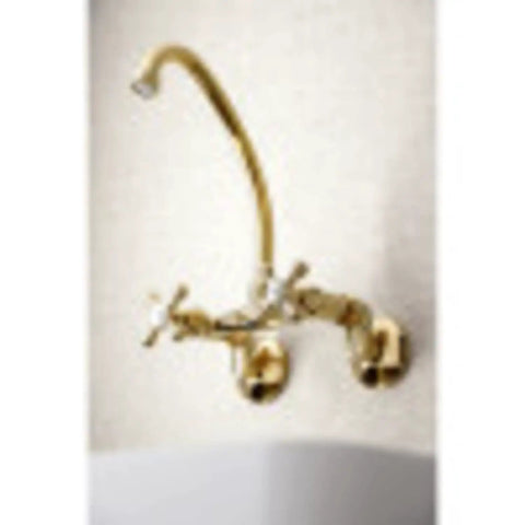 Gold two-handle wall-mount kitchen faucet with curved spout and cross handles