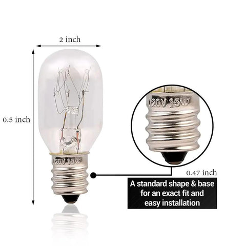 Six Pack E12 Candelabra Base 15W Incandescent Bulbs For Himalayan Salt Lamps And Plug In Night Lights Dimmable Brightness Two Point Zero By Zero Point Seven Inch Size Ideal Replacement Bulbs; dimensions shown