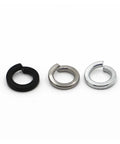 Three Beefy Spring Lock Washers GB93 Stainless Steel and Carbon Steel for vibration prone fasteners, black, silver, gray finish.