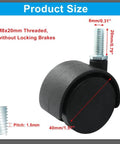 Side view of 4 Pack 1.5 Inch Black Plastic Swivel Caster Wheels With M8 Threaded Stem Replacement For Chairs And Furniture Without Locking Brakes M8 20mm Threaded, Wheel Diameter 40mm Width 35mm
