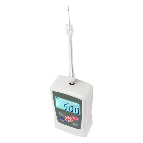 Hand Push Pull Force Gauge 50N Digital Tester With Limit Setting And Alarm, Backlit Readout For Easy Readings In N Kg Lb Oz, Pro Grade Ultra Accurate Sensor For A Workshop Ready Tool. Digital force gauge with hook and backlit display, showing 50.0 N.