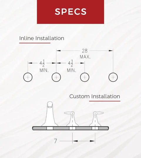 Specifications diagram for High Flow Roman Tub Rough In Valve No Frills For Four Hole Installations, showing measurements