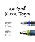 uni-ball Kuru Toga Mechanical Pencil Starter Kit 0.7mm HB2 Lead With Rotating Tip Mechanism, showing two pen nibs and line thickness comparison