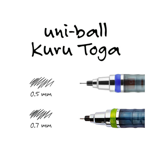 uni-ball Kuru Toga Mechanical Pencil Starter Kit 0.7mm HB2 Lead With Rotating Tip Mechanism, showing two pen nibs and line thickness comparison