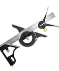 Heavy Duty Stainless Steel Combination Square For Framing And Finish Carpentry Featuring Versatile 0 To 180 Degree Angle Ruler displayed from above.