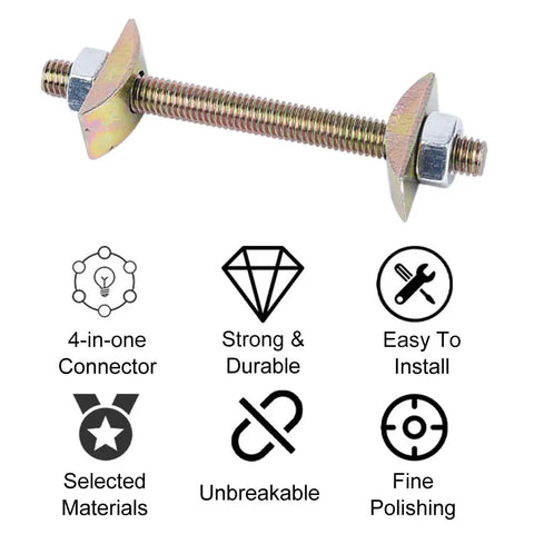 Straight Up Reliable M8 Metal Tabletop Fasteners And Countertop Block Connectors With Half Moon Nuts And Hex Bolt Screws, close-up of connector.