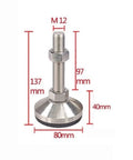 Heavy Duty Adjustable Leveling Feet Keep Your Setup Crisp With Rock Solid Stainless Steel Build And Thick Non Slip Rubber Pads Perfect For Cabinets And Shop Tables 4 Pack M12 Threads with dimensions shown.