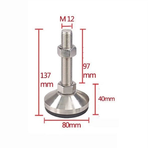 Heavy Duty Adjustable Leveling Feet Keep Your Setup Crisp With Rock Solid Stainless Steel Build And Thick Non Slip Rubber Pads Perfect For Cabinets And Shop Tables 4 Pack M12 Threads with dimensions shown.