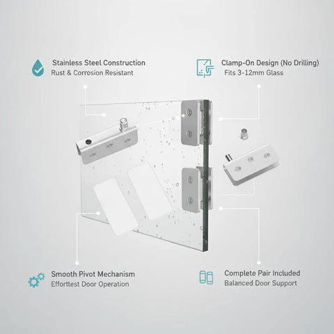 Stainless Steel Clamp On Glass Door Hinges For Shower Enclosures And Cabinets, No Drill Pivot Hardware For Frameless Panels, Fits 3mm To 12mm Glass