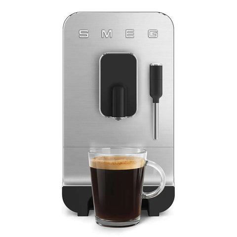 Fully Automatic Coffee Machine With Steam For Home Use Black BCC12BLMUS Six Drink Options Including Ristretto And Espresso Built In Stainless Steel Burr Grinder Titan Renew Water Tank Easy To Use showing front view with glass cup of coffee