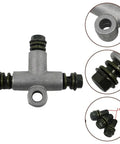 Hydraulic Brake Hose T Connector Aluminum Alloy Oil Tube Coupler for motorcycles, with 10mm bolts, silver-colored.