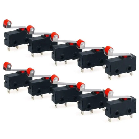 10-pack Micro Limit Switch With Roller Lever Arm KW12-3 SPDT 1NO 1NC Normally Open And Closed, 125V-250V AC, 5A, black color, side view