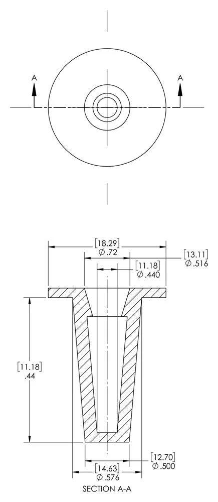 Top view and sectional side view of Caplugs T-5X T Series plastic tapered cap and plug in red LD-PE.