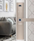 Knockout Biometric Fingerprint Door Lock With Slick Touch Screen Passcode Keyless Entry crafted from durable stainless steel gray body on door