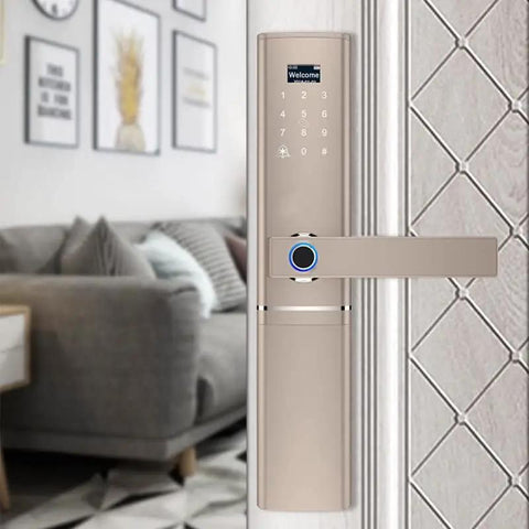 Knockout Biometric Fingerprint Door Lock With Slick Touch Screen Passcode Keyless Entry crafted from durable stainless steel gray body on door
